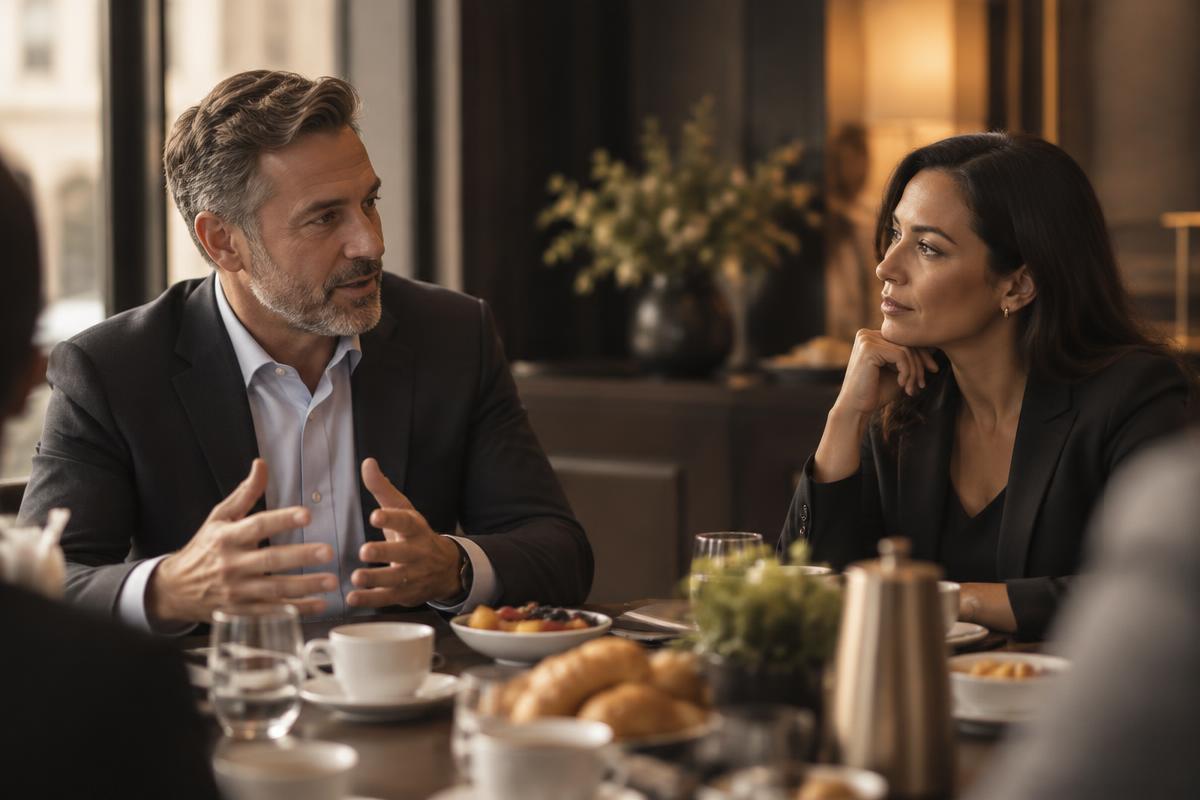 Two security leaders in conversation at a breakfast roundtable